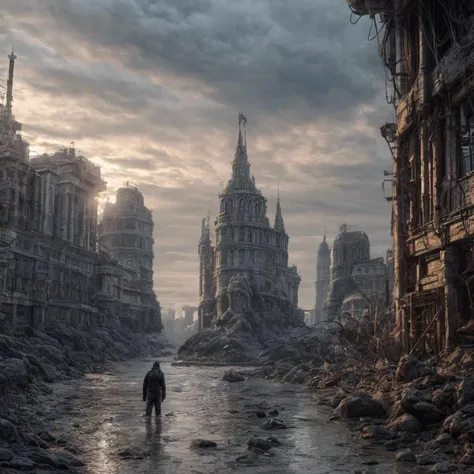 insane details A photorealistic post-apocalyptic cityscape in the back, a man standing left of the viewer in front of an impressive large monster, glow over the scene, paddles of water reflecting. The sky is a foreboding gray, with hints of sunlight filtering through the dense clouds, casting an eerie, diffused glow over the scene somber, melancholic atmosphere with a cinematic composition and naturalistic lighting, Photorealistic, high detail, 8k resolution, realistic , realism pushed to extreme, incredibly lifelike, Extraterrestrial,otherworldly, mysterious, sci-fi, highly detailed, <lora:add_detail:1>