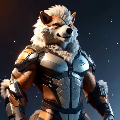 masterpiece, best quality, gorgeous, male, solo, muscular, gradient background, space background, arcanine\(pokemon\), sexy, mid_long shot, wearing sexy_scifi, realistic <lora:AstroBabes:1.2>