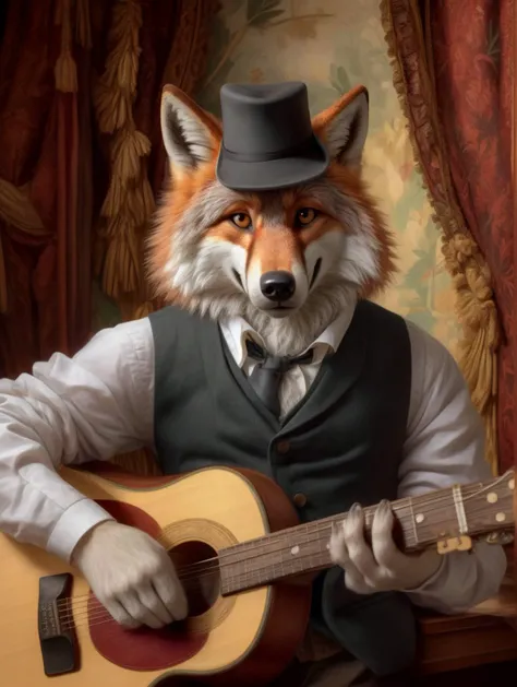 victorian art, portrait, clothed (canid:1.3), fluffy fur, cheek tuft, chest tuft, facial tuft, wearing fancy vest, smile, shirt, hat, playing acoustic guitar room