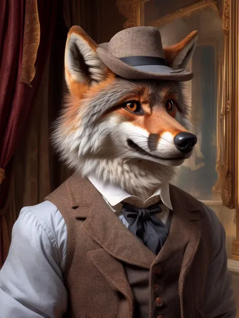 victorian art, portrait, clothed (canid:1.3), fluffy fur, cheek tuft, chest tuft, facial tuft,  wearing fancy vest, shirt, hat, room 