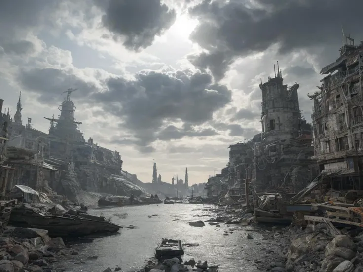 insane details A photorealistic post-apocalyptic cityscape in the back, a man standing left of the viewer in front of an impressive large wormhole, glow over the scene, paddles of water reflecting. The sky is a foreboding gray, with hints of sunlight filtering through the dense clouds, casting an eerie, diffused glow over the scene somber, melancholic atmosphere with a cinematic composition and naturalistic lighting, Photorealistic, high detail, 8k resolution, realistic , realism pushed to extreme, incredibly lifelike, Extraterrestrial,otherworldly, mysterious, sci-fi, highly detailed