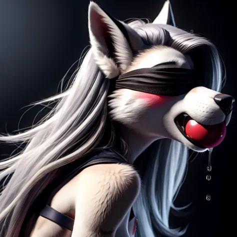 detailed photorealistic portrait of anthro female loona, leaning forward, tits nipples and head, long hair side, boob, blushing, black patterned silk blindfold, open mouth filled with big ball gag with strap, detailed dribble dripping, exhausted expression, head tilted down, side view
