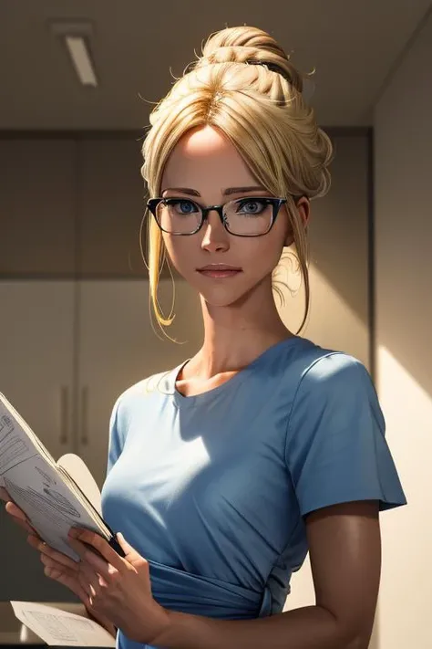 highres, masterpiece, perfect lighting, bloom, cinematic lighting, upper body, marion_rousse, blonde girl, 25yo,in a hospital, (glasses), doctor, , wear a gown, hair bun, blonde hair, blue eyes, notebook<lora:marion_rousse:1>,<lora:more_details:0.3>