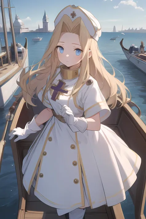 masterpiece, higher,highly detailed, absurdres, <lora:ToPmint_ver02:1>,ToPmint, 1girl,  hat, long hair, blonde hair,blue eyes, gloves,dress,cross, boots,long skirt,venice, on boat,