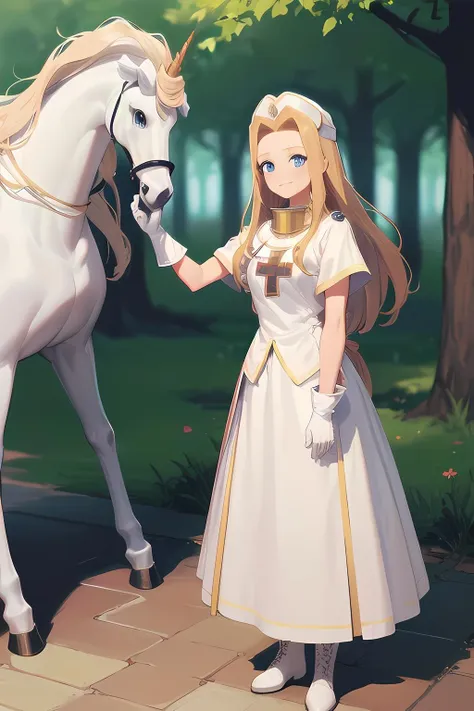 masterpiece, higher,highly detailed, absurdres, <lora:ToPmint_ver02:1>,ToPmint, 1girl,  hat, long hair, blonde hair,blue eyes, gloves,dress,cross, boots,long skirt,forest,smirk,((unicorn))