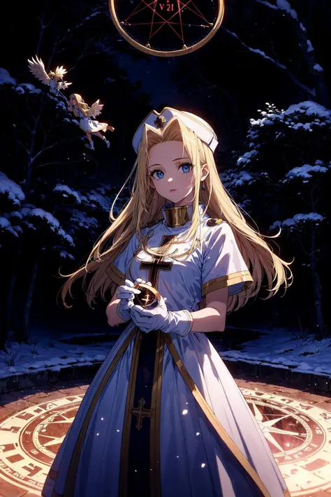 (best quality), (masterpiece),(ultra-detailed:1.2),photorealistic,ultra high res,cowboy shot,from below,
1girl, cupid,Resurrection,
<lora:ToPmint_ver02:0.8> ,ToPmint, hat, long hair, blonde hair,blue eyes, gloves,dress,cross,long skirt,
(hologram:1.3),
(magic circle:1.2) ,
(snow forest:1.1),withered trees,lake,
<lora:flat2:-0.4>,