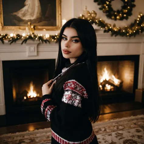 <lora:emmanorts_sd15_512_128_64_v1:1> emmanorts, 1girl black long weavy hair, wearing a christmas sweater, christmas decoration in background, lit fireplace in background