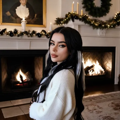 <lora:emmanorts_sd15_512_128_64_v1:1> emmanorts, 1girl black long weavy hair, wearing a christmas sweater, christmas decoration in background, lit fireplace in background