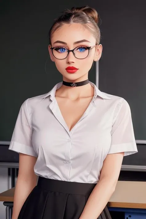photo of <lora:leniklum-05:0.7>, leniklum,a photo of a woman with ((pale skin, hair up, hair in bun, thick rimmed glasses):1.1), ((closeup, portrait)), ((collared dress shirt, choker, skirt):1.2),((classroom, teacher, desk):1.2),((detailed face, beautiful face, detailed eyes, beautiful eyes):1.1), ((red lipstick, eyeliner, eye shadow):1.2),((best quality, masterpiece, extreme details):1.2) ((detailed eyes, detailed face):1.2),modelshoot style, (extremely detailed CG unity 8k wallpaper), photo of the most beautiful artwork in the world, professional majestic (photography by Steve McCurry), 8k uhd, dslr, soft lighting, high quality, film grain, Fujifilm XT3 sharp focus, f 5.6, High Detail, Sharp focus, dramatic