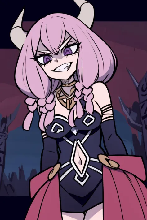 masterpiece, best quality, <lora:helltaker-c2:1>,helltaker,  <lora:aura:1>,1girl,horns,pink hair,long hair,twin braids,purple eyes, necklace, cleavage, bare shoulders, gloves,navel cutout, skirt,thighhighs,grin,cowboy shot,