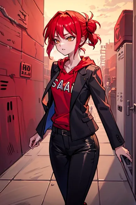 nimona, (best quality, masterpiece, 1girl, ???, solo,looking at viewer, red hair, cute mocking crazy face, smile, naughty), sharp, neon cyberpunk world background, sharp eyes, perfect eyes, rolling eyes, blush, nude body, full body, front view, looking on viewer , smiling, sitting on a bench , spread legs, small breasts, chubby body, wide hips, pussy, shy, pussy juice, nipples , ass