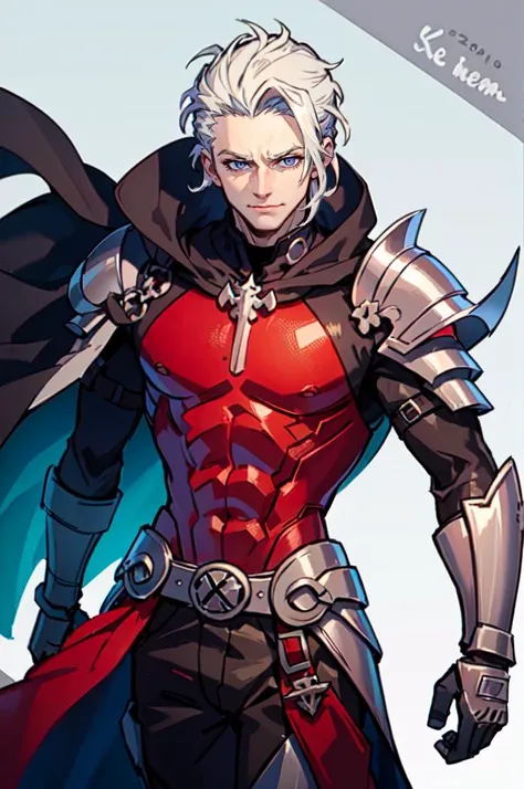 <lora:helltaker-c2:0.8> helltaker, (1boy,:1.3), ultra detailed, masterpiece, best quality, aesthetic, detailed,, solo, smile, 1boy, blue eyes, medium blonde hair, parted bangs, hair intakes, male focus, muscular male,, armor, pauldrons, cuirass, gauntlets, waist cape, greaves, black bodysuit, surcoat, shoulder sash, wing shoulder armor, cape, pants,
