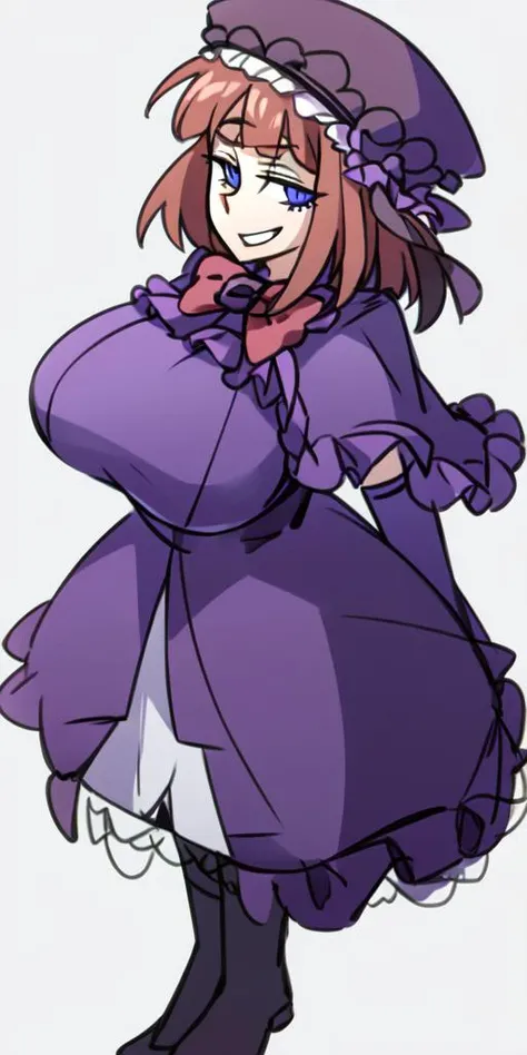 <lora:helltaker-c2:1>,helltaker,<lora:EvaBeatrice:1>, eva beatrice, blue eyes, medium hair, bowtie, purple dress, floor-length dress, elbow gloves, frills, hat, purple cloak, red ribbon,(black boots:0.5)
BREAK
(black background, simple background,full body:1),(gigantic breasts:1),smug face,<lora:SweaterBreasts:0.5>