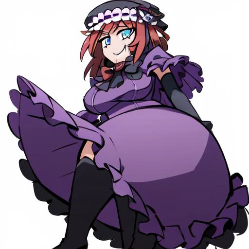 <lora:helltaker-c2:1>,helltaker,<lora:EvaBeatrice:1>, eva beatrice, blue eyes, medium hair, bowtie, purple dress, floor-length dress, elbow gloves, frills, hat, purple cloak, red ribbon,(black boots:0.5)
BREAK
(white background, simple background:1),(gigantic breasts:1),smug face,<lora:SweaterBreasts:0.5>