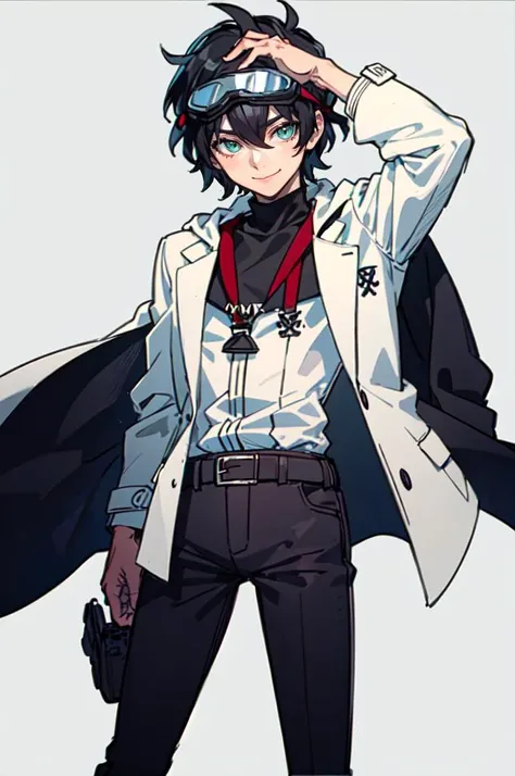 <lora:helltaker-c2:0.8> helltaker, (1boy,:1.3), ultra detailed, masterpiece, best quality, aesthetic, detailed,, ultra detailed, masterpiece, best quality, solo, smile, 1boy, green eyes, short hair, black hair, bangs, hair between eyes, messy hair, (goggles on head:1.2),, headband, white coat, hooded coat, hood down, open coat, turtleneck, capri pants, pants, black knee boots,