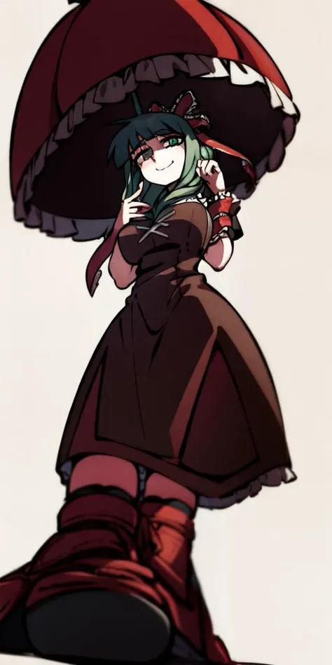 <lora:helltaker-c2:1>,helltaker,<lora:KagiyamaHina:1>,kagiyama hina,1girl, green hair, green eyes, front ponytail,ribbon, red dress, frills, hair ribbon, arm ribbon, short sleeves, cross-laced footwear,floor-length dress
BREAK
(white background, simple background,full body:1),(gigantic breasts:1),forced smile