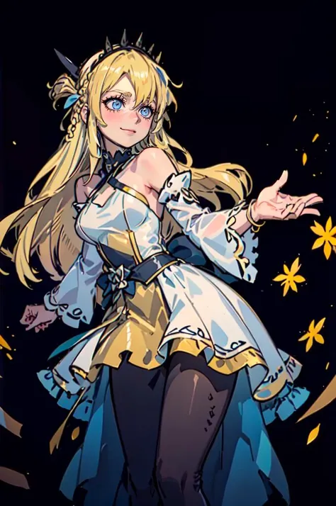 <lora:helltaker-c2:0.95> helltaker, <lora:Marina_Lucce_Maxetto_OC_v2:0.45> smile, Marina_Lucce_Maxetto_OC, 1girl, solo, blonde, very long hair, french braid, hair ribbon, frilled choker, criss-cross halter, sleeveless dress, high-waist skirt, backless dress, waist bow, detached sleeves, frilled sleeves, wide sleeves, pantyhose,, ultra detailed, masterpiece, best quality, aesthetic, detailed,