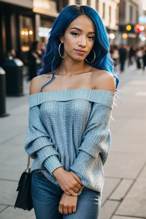 photo of beautiful Sasha Banks <lyco:Sasha Banks:0.9>, a woman with long blue beautiful hair, as a movie star in a (movie premiere), premiere gala, (near a movie theatre), natural skin texture, (elegant Linen sweater off-shoulder with a strap), 24mm, 4k textures, soft cinematic light, adobe lightroom, photolab, hdr, intricate, elegant, highly detailed, sharp focus, ((((cinematic look)))), soothing tones, insane details, intricate details, hyperdetailed, low contrast, soft cinematic light, exposure blend, hdr, faded, (paparazzi in background), (hoop earrings)