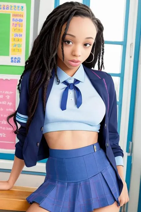 photo of alexistae, Masterpiece, best_quality, high_resolution, distinct_image, high_contrast, 8K, kawaii anime girl, 1girl, large_breasts, 18 years old, beautiful detailed skin, detailed face, (school uniform:1.1), Braid, (delicated skirt:1.05), shy, indoors, room, hand on breasts, indoors, class room