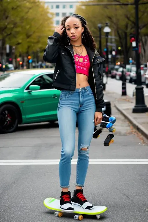 RAW photo, alexistae, a (portrait:1.2) of full body a cute woman as a skateboard pro, riding a skateboard, green jacket, jeans, (high detailed skin:1.2), 8k uhd, dslr, soft lighting, high quality, film grain, Fujifilm XT3