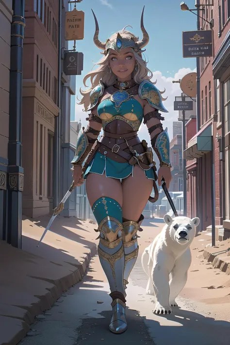 (masterpiece, best_quality, ultra-detailed, immaculate:1.3), epic, illustration, 1girl, full body, grinning desert celtic archertoned, leather armor, , (warpaint:1), horned leather helmet, upright straddle, with a pet Polar Bear, (african, dark skin:0.6), in a  city<lyco:EnvyBarbarian01:1>