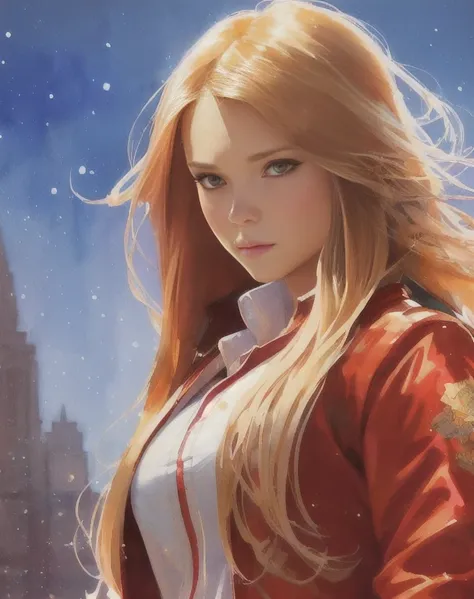 painting of flirty (:1.1) girl in leatard, (shy), (outdoors stadium:1.1),(school uniform:1.1), (red blouse and jacket:1.1), (long very blondie hair:1.3), (exemplary:1.2), (precise:1.11), (Winter Moscow night in the background), (half turn:1.2), bright soft diffused light, depth of field, digital painting, artstation, concept art, intricate, highly detailed, masterpiece, trending on Artstation, art by artgerm and greg rutkowski and alphonse mucha, hdr 4k,watercolor, <lora:AngelinaMelnikova_Art_1_2:1>