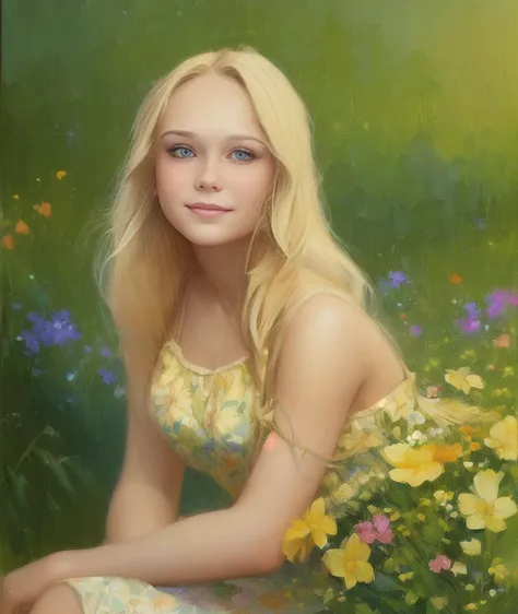 painting of (very blondie:1.3) girl,  (smile:1.1), (precise:1.11),  wearing (floral sundress). depth of field. 4K, HDR. by (James C. Christensen:1.2|Jeremy Lipking:1.1|Andrew Atroshenko:1.2) <lora:AngelinaMelnikova_Art_1_2:1>