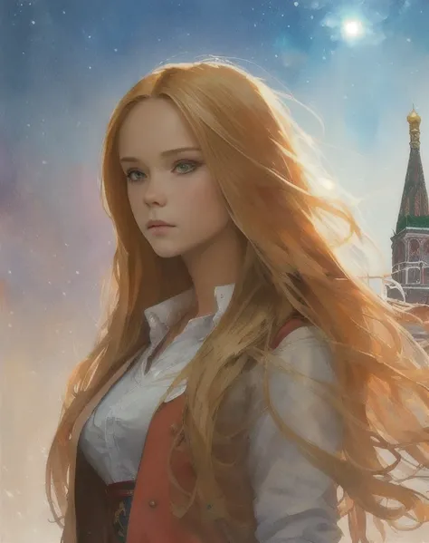 painting of flirty (17 years old:1.1) girl in leatard, (shy), (outdoors stadium:1.1),(school uniform:1.1), (red blouse and jacket:1.1), (long very blondie hair:1.3), (exemplary:1.2), (precise:1.11), (Winter Moscow night in the background), (half turn:1.2), bright soft diffused light, depth of field, digital painting, artstation, concept art, intricate, highly detailed, masterpiece, trending on Artstation, art by artgerm and greg rutkowski and alphonse mucha, hdr 4k,watercolor, <lora:AngelinaMelnikova_Art_1_2:1>