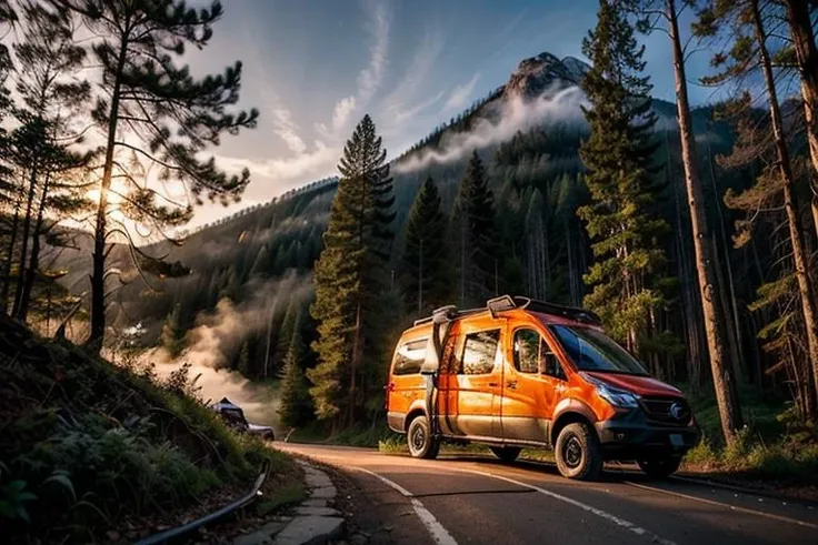 ((masterpiece)), arwcampervan orange car vehicle camping, forest, mountain, cliff, dust, dim light, night, fog, bokeh, <lora:ARWcampervan:1>