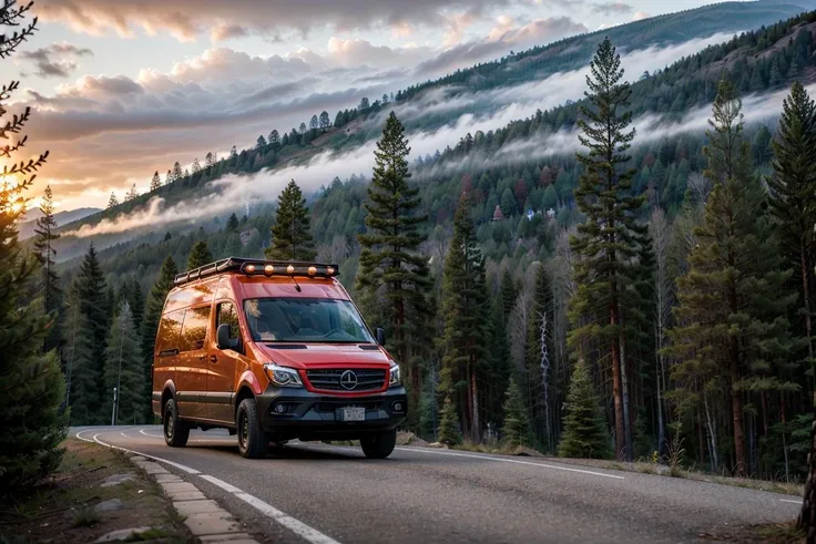 ((masterpiece)), arwcampervan orange car vehicle camping, forest, mountain, cliff, dust, dim light, night, fog, bokeh, <lora:ARWcampervan:1>