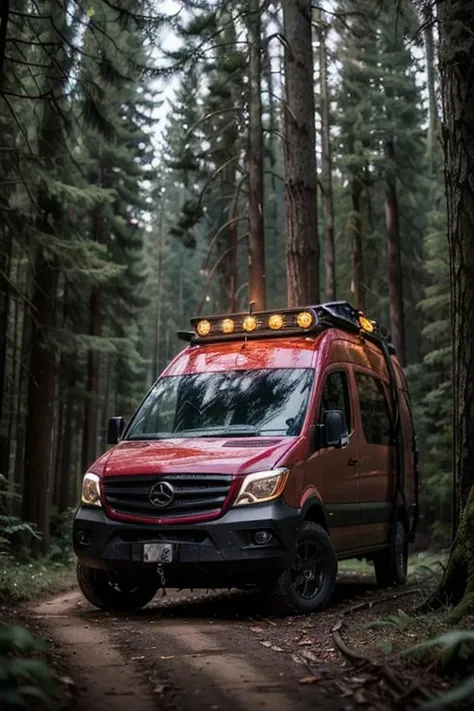 ((masterpiece)), arwcampervan in forest, night, fog, bokeh, <lora:ARWcampervan:1>