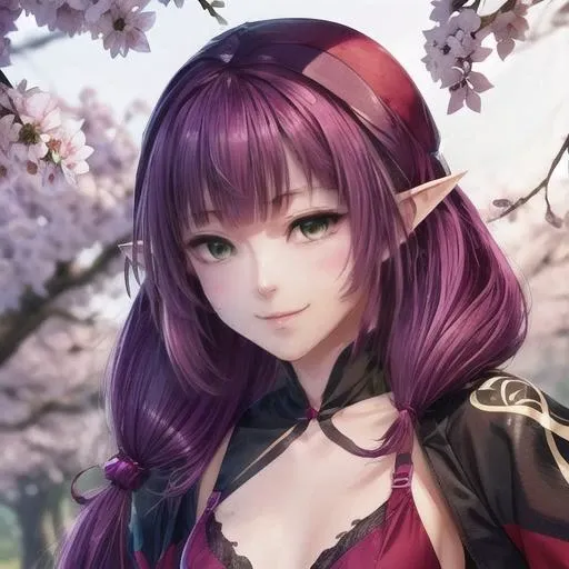 anime girl with purple hair and green eyes in a red dress