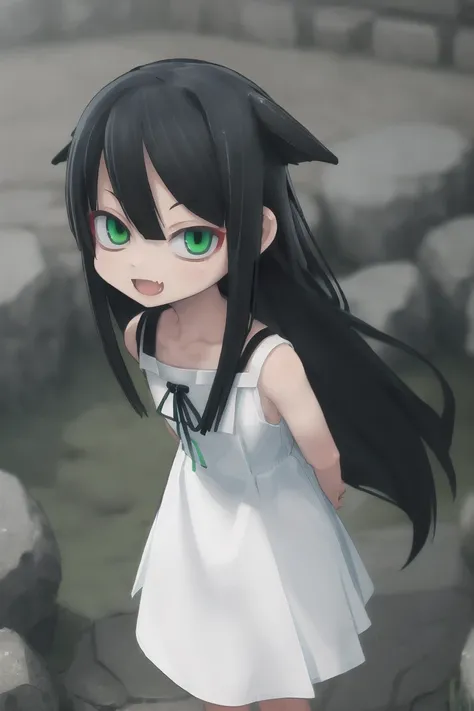 (from above:1.4),pov,(looking up:1.2),bright,(head down:1.2), solo,1girl,mesugaki,shiny skin, standing,(bent over:1.2),arms behind back, green eyes,(half-closed eyes:1.2), :D,(smirk,naughty face:1.2),upper teeth,skin fang, serafuku, long hair, ribbon, bare shoulders, very long hair, green eyes, collarbone, black hair, white dress, flat chest, hair flaps, sundress, small breasts, sleeveless dress,looking at viewer, <lora:Saya1e4-000008:0.7> ,