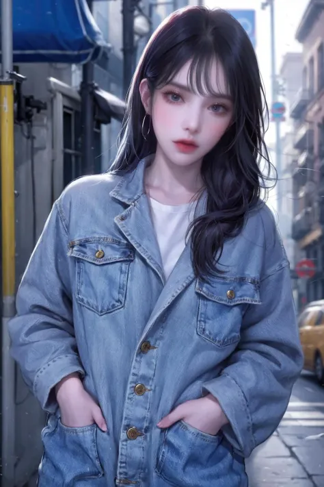 official art,looking at viewer,vivid colours, glossy skin, <lora:linglong:0.85>,shiny skin,  bangs,indoors,upper body, open coat,  <lora:666:0.5>,(hand in pocket:1.5),sitting,  street