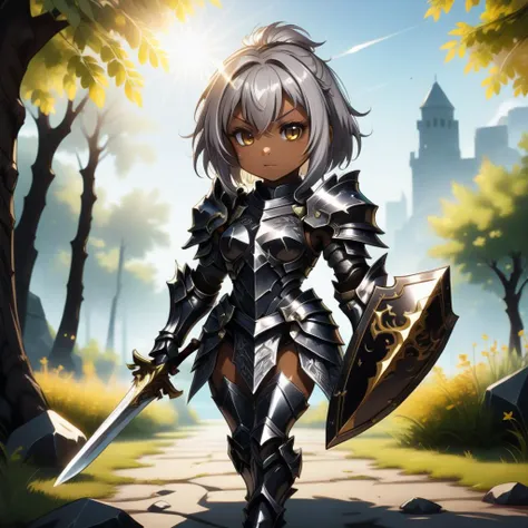 anime shot of kawaii chibi female knight, wearing ObsidianPlatinum armor, sword and shield, outdoors,sunny <lora:ObsidianPlatinum:0.8>