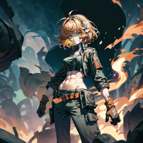 (masterpiece, best quality), (1girl, solo), ((wearing epTactical, medium breasts, short hair, orange hair, green eyes, messy hair, gloves, evil smile, sharp eyeslash)), standing, looking at viewers, natural volumetric lighting and best shadows, <lora:epTactical1:1>, toned midriff, abs:0.3, bare arms, bicep, standing in fire, focus, <lora:ishmaellimbus:1>, alternate outfit, alternate uniform, <lora:add_detail:1.5>, <lora:Fire_VFX:0.5>, arm band, bloody hands, fire, flame in the background, closed mouth