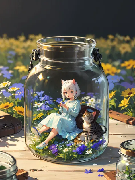 (empty glass container in jar shape with flower meadow inside:1.3) ,[(( 1girl:1.4) with white hair in blue dress is  sitting on flower meadow):0.3], masterpiece, best quality, highly detailed,Middle Little dickey,(cat looking at the jar:1.3)