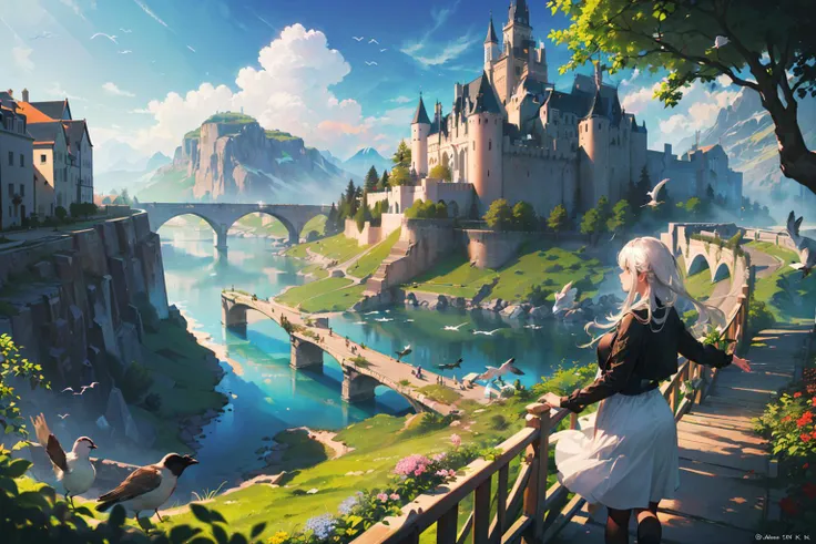 ((masterpiece,best quality,official art,unity 8k wallpaper, highres, (1girl:1.4),looking away,(breathtaking landscapes:1.2), natural wonders, serene vistas, outdoor exploration, (diverse ecosystems:1.2), scenic beauty, tree,castle,village,flowers,bridge,fence, (birds:1.2)