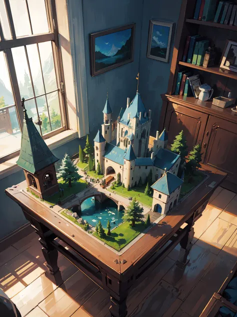 Indoor, On the table,[(mini world:1.3) with castle, montain,river,bridge],imid shot, Dynamic angle, detailed, masterpiece,  isometric,Ultra Far View,