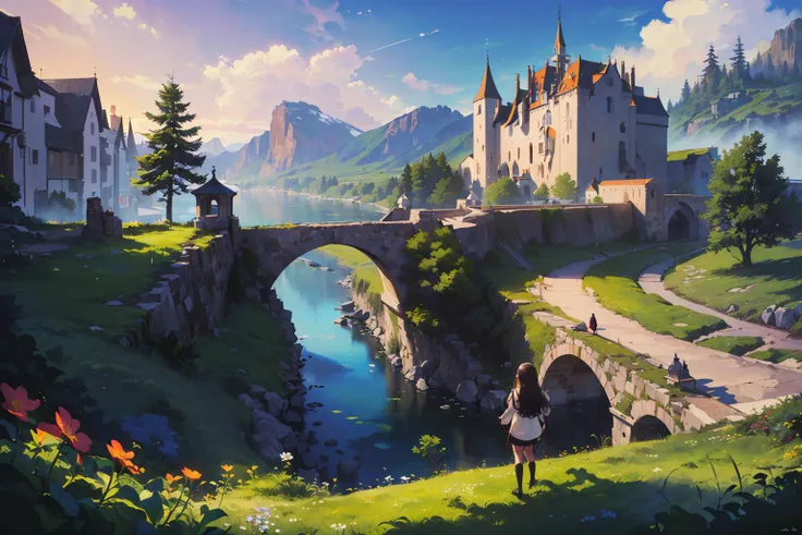 ((masterpiece,best quality,official art,unity 8k wallpaper,absurdres , highres, (1girl:1.4),looking ahead,(breathtaking landscapes:1.2), natural wonders, serene vistas, outdoor exploration, (diverse ecosystems:1.2), scenic beauty, tree,castle,village,flowers,bridge,