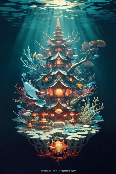 Highest quality,Great work,(Scene:1.2),fantasy,underwater,(seabed:1.3),(Ring City:1.3),east asian architecture,seashell,coral,plants in the sea,floating (fish:1.35),(lamp:0.7)