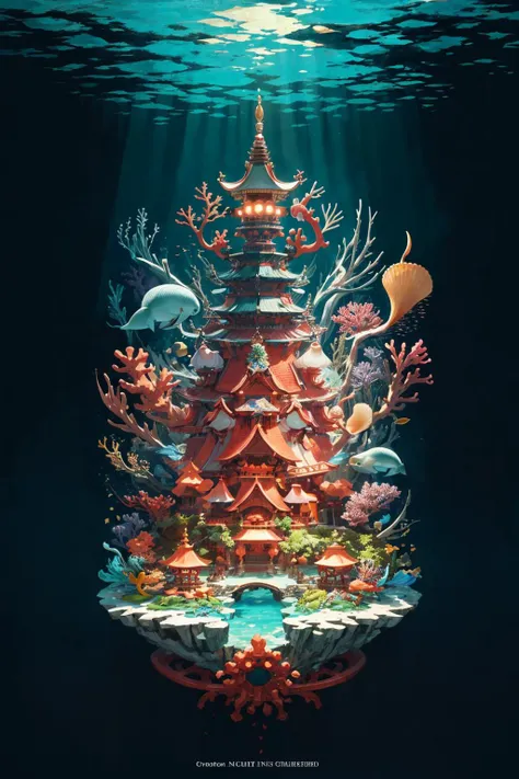 Highest quality,Great work,(Scene:1.2),fantasy,underwater,(seabed:1.3),(Ring City:1.3),east asian architecture,seashell,coral,plants in the sea,floating (fish:1.35),(lamp:0.7)