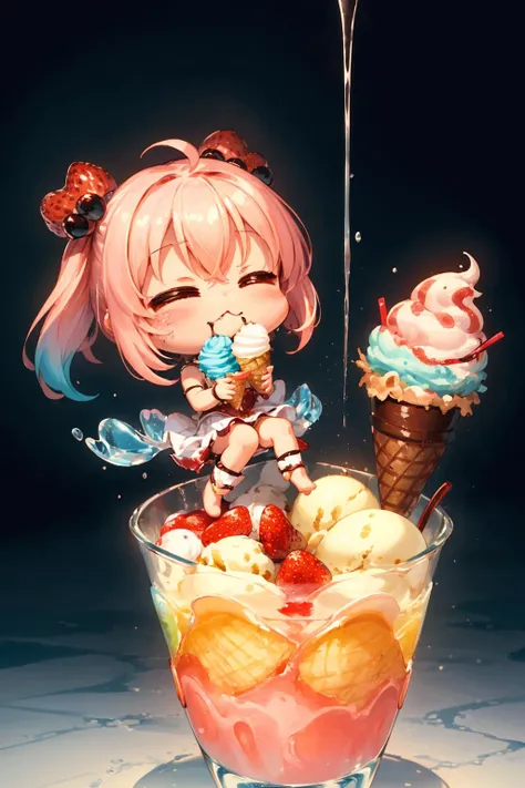 (chibi:1.3), (Romantic:1.3) (((masterpiece))),(((best quality))),finely detail,Depth of field,((ultra-detailed)),(highly detailed CG illustration),
raytracing,detailed face,<lora:more_details:0.5>,creative glass water bong, cinematic lighting, dmt art style, dramatic environment,
fruit,food focus,(a white chibi cute girl:1.3),(ice cream:1.4),strawberry,((Juice Splash)),(colorful),Gradient background,dynamic angle,((ink splashing)),Pineapple,Strawberry,Watermelon,Blue background,(spill a lot of ice cream from the cup),