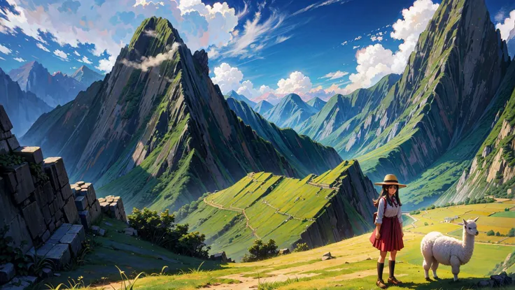 peruvian girl with alpaca, machu picchu background, fantasy_art, retro_style,
