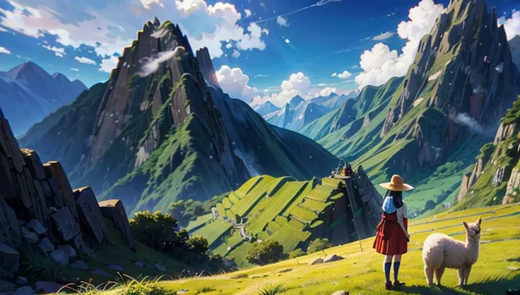 peruvian girl with alpaca, machu picchu background, fantasy_art, retro_style,