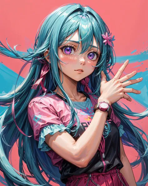 a girl with long hair and a watch on her wrist looking at the camera with a pink background and a blue sky, Constant, vaporwave colors, a character portrait, synchromism
