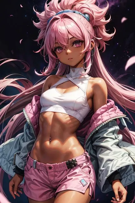 a woman with afro hair and a white shirt is standing in front of a purple sky with clouds and a pink hair, upperbody, midriff, Brom, flat colors, a character portrait, digital art, dark-skinned_female, dark_skin, navel_piercing, off_shoulder, pink_hair, stunishing_background, purple_background, sky, long_hair