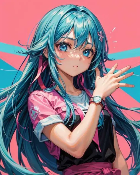 a girl with long hair and a watch on her wrist looking at the camera with a pink background and a blue sky, Constant, vaporwave colors, a character portrait, synchromism