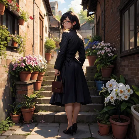 [(rear garden):1.3),(parterre):1.5), (flowerpot:1.1),stairs, brick wall,(orchid:1.2),ivy, petals,potted plant,Iris
(masterpiece:1.3), (the best quality:1.2), (super fine illustrations:1.2),dappled sunlight, god rays,
1 girl, mid shot,(looking at viewer),full body,black hair, short hair,(glasses),