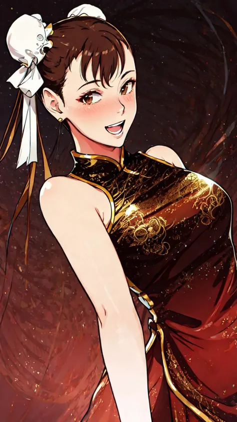 lumen reflections, natural lighting, evocative, triadic color scheme, cowboy shot, elegant, voluptuous:0.6, looking at viewer, 1girl, female, solo, blush, open mouth, smile, teeth, sfw, <lora:chunlist:1>, chunlist, brown hair, short hair, hair buns, brown eyes, dress, chinese dress, sleeveless chinese dress, black sleeveless chinese dress, trim, gold trim, gold trim on dress